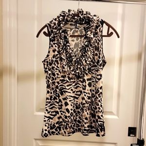 Frilly Ruffled Stretchy Leopard Print Tank Top Sleeveless V-neck Medium M